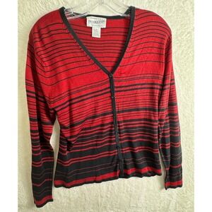 Pendleton Silk Cardigan‎ Sweater Striped V Neck Long Sleeve Red Black L